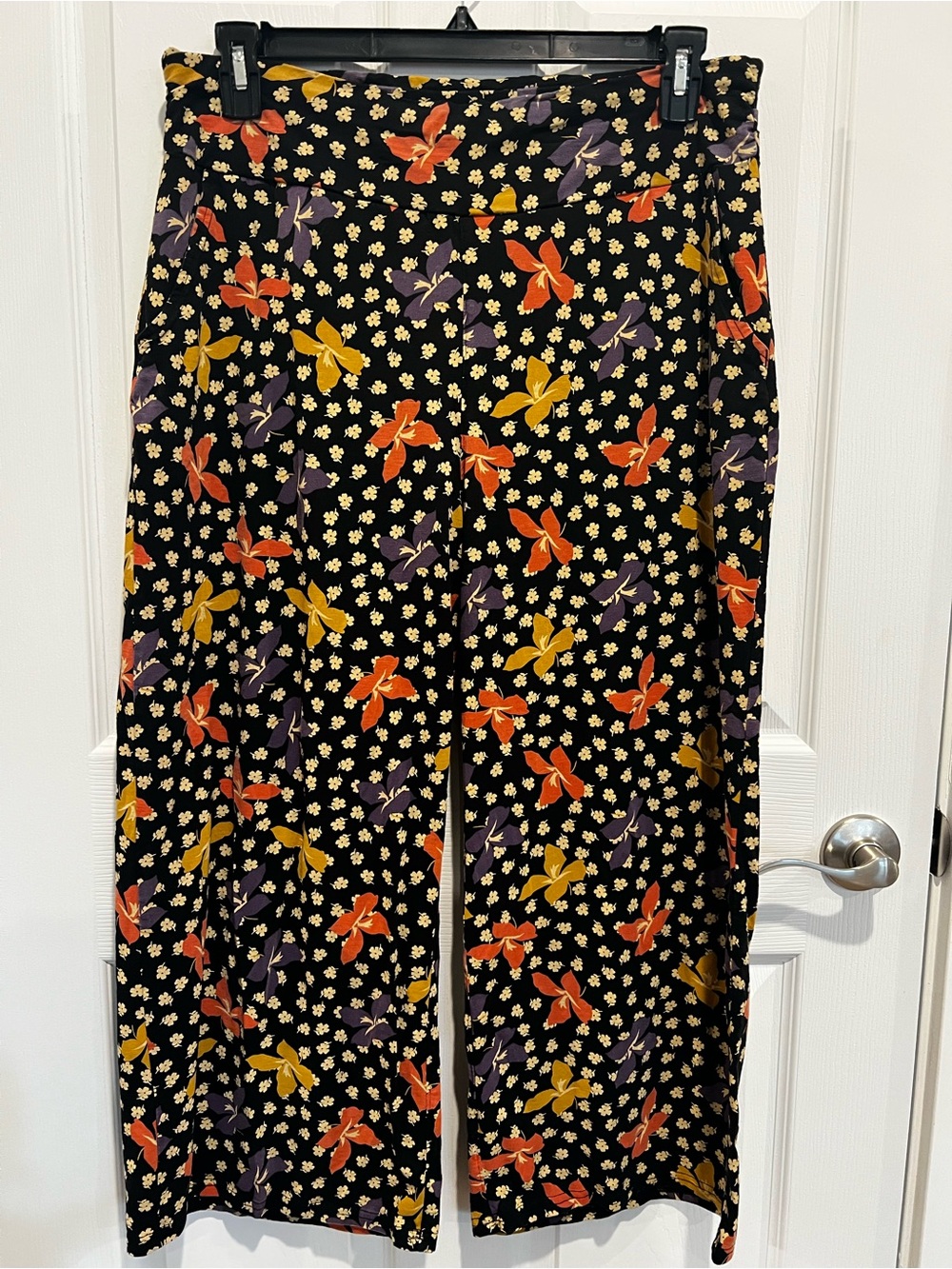 Toad&Co Black Wide-Leg Pants with Orange, Yellow & Purple Floral Bow Print